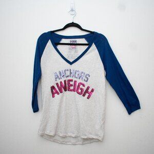 Victoria's Secret Pink  Jones and Mitchell Collab Anchors Aweigh Baseball Tee L
